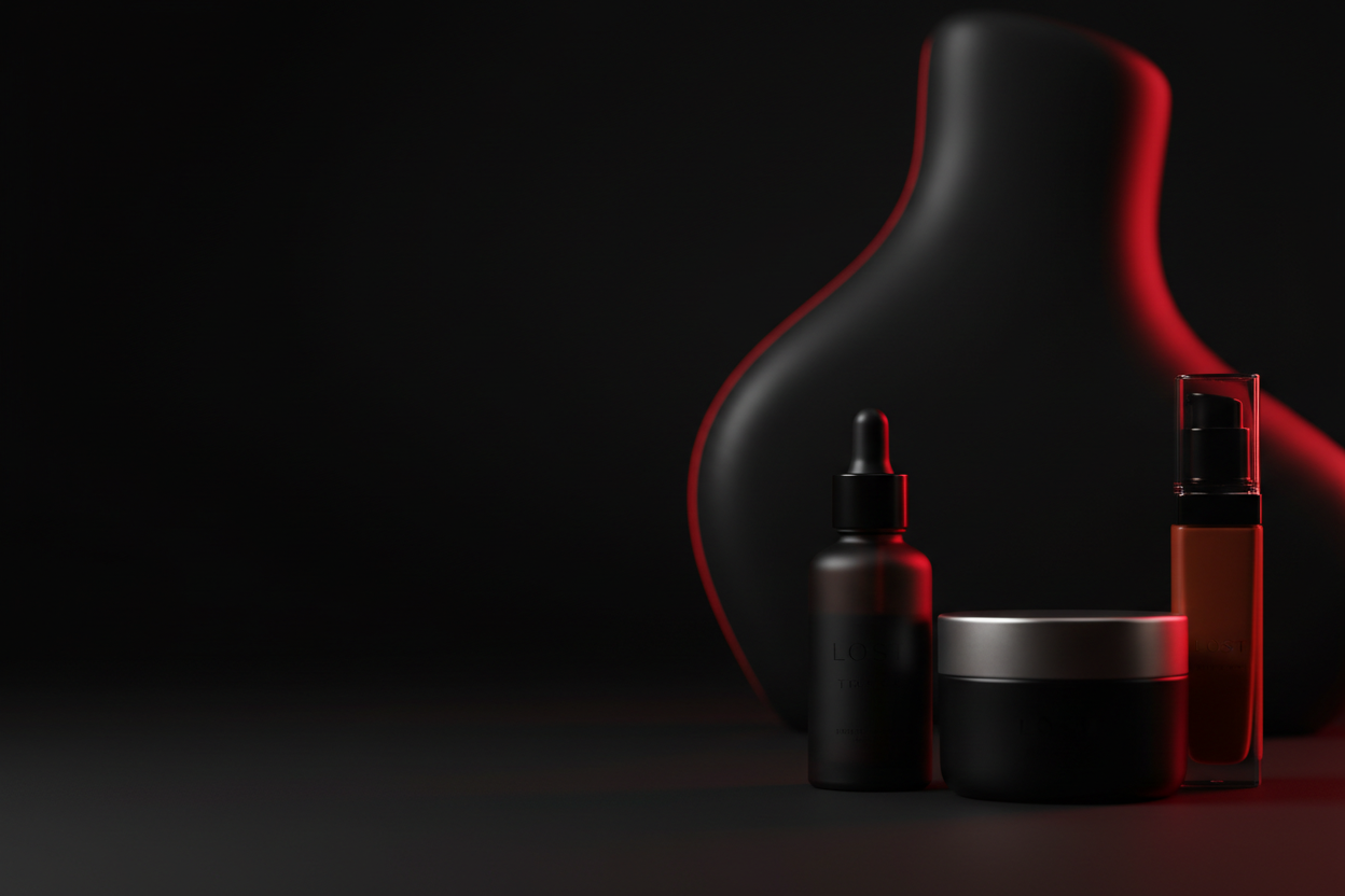 Three cosmetic bottles and jars arranged in front of a black abstract vase on a dark studio background, lit with dramatic red accent lighting.